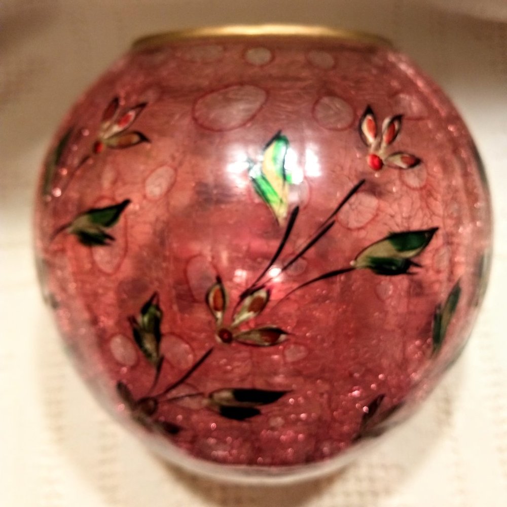 Vintage Crackle Glass Vase. Hand Painted Pink w/ Flowers. 7" tall.